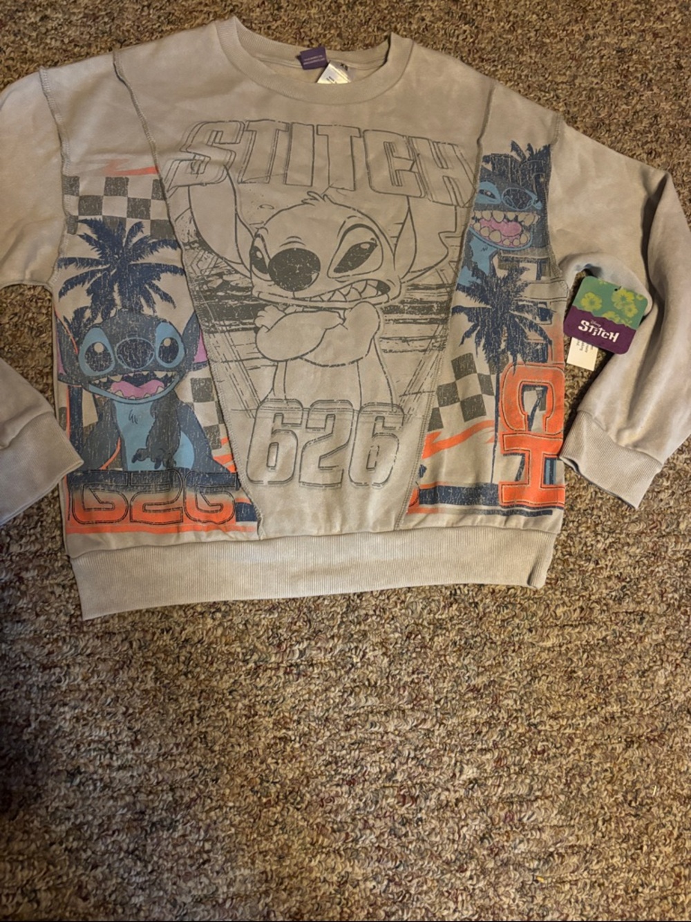 New Stitch Sweatshirt split front graphics XS Unique & Fun! 626 light gray